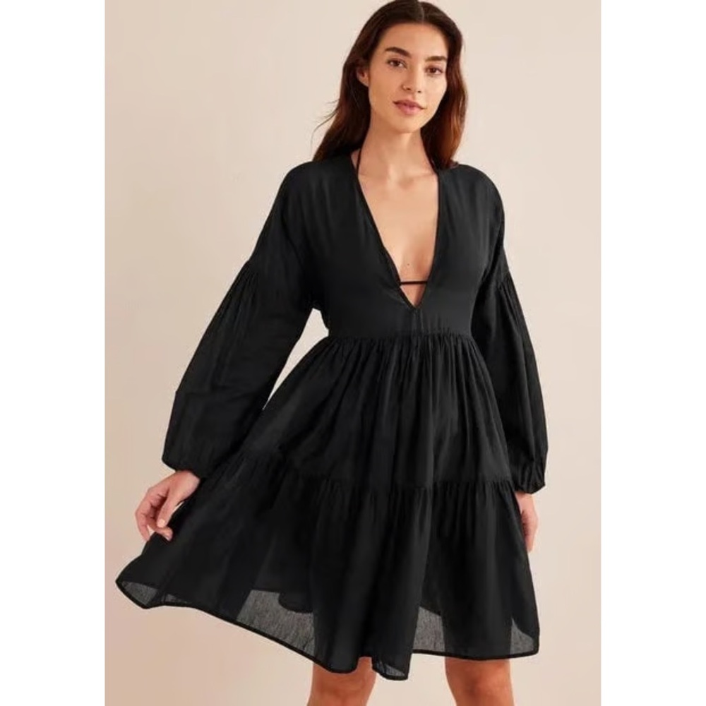Boden Black Tiered Mini Dressβ Size 10 Boho Flowy Beach Coverup V Neck